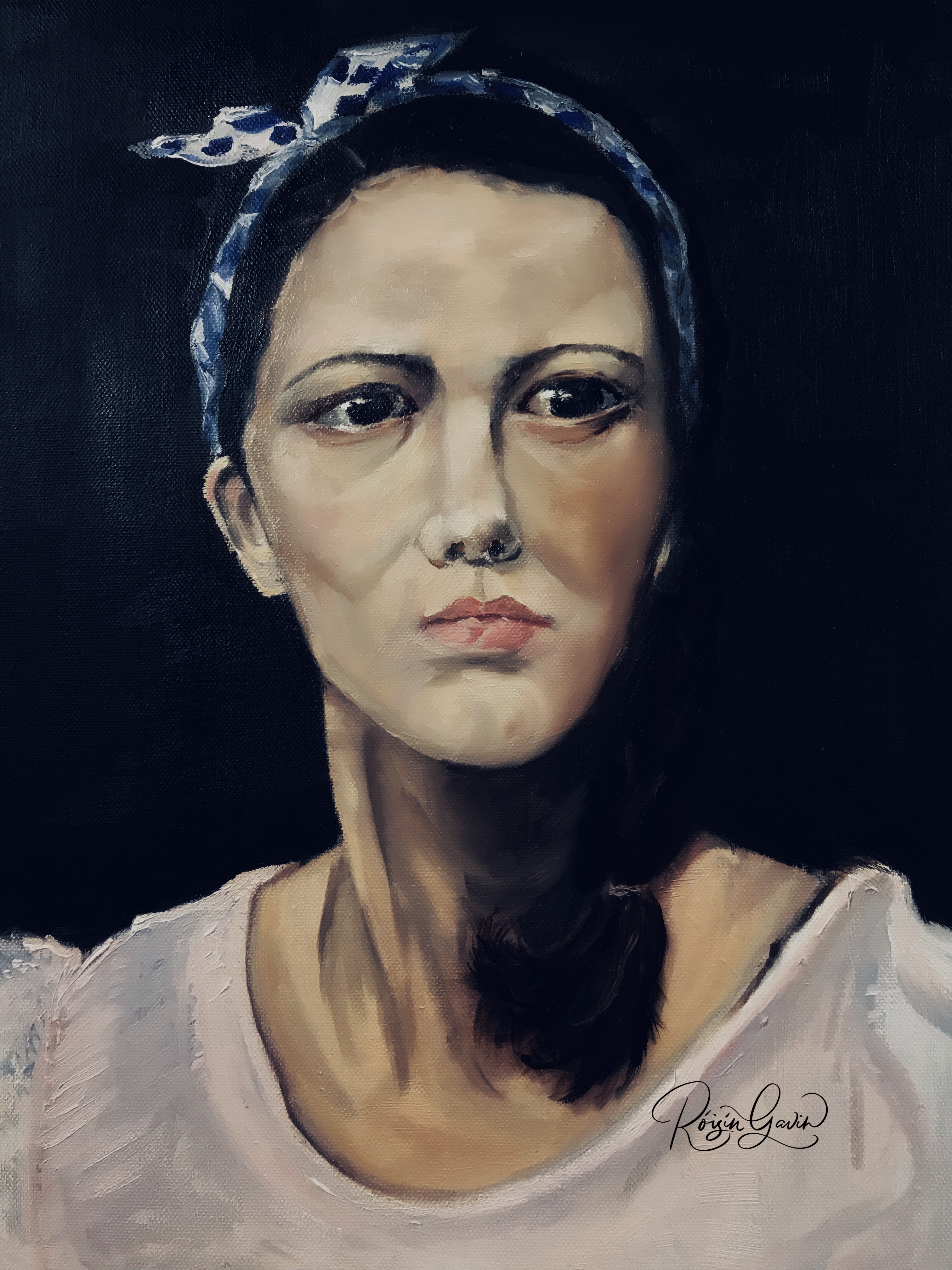 Woman with blue ribbon oilpainting print