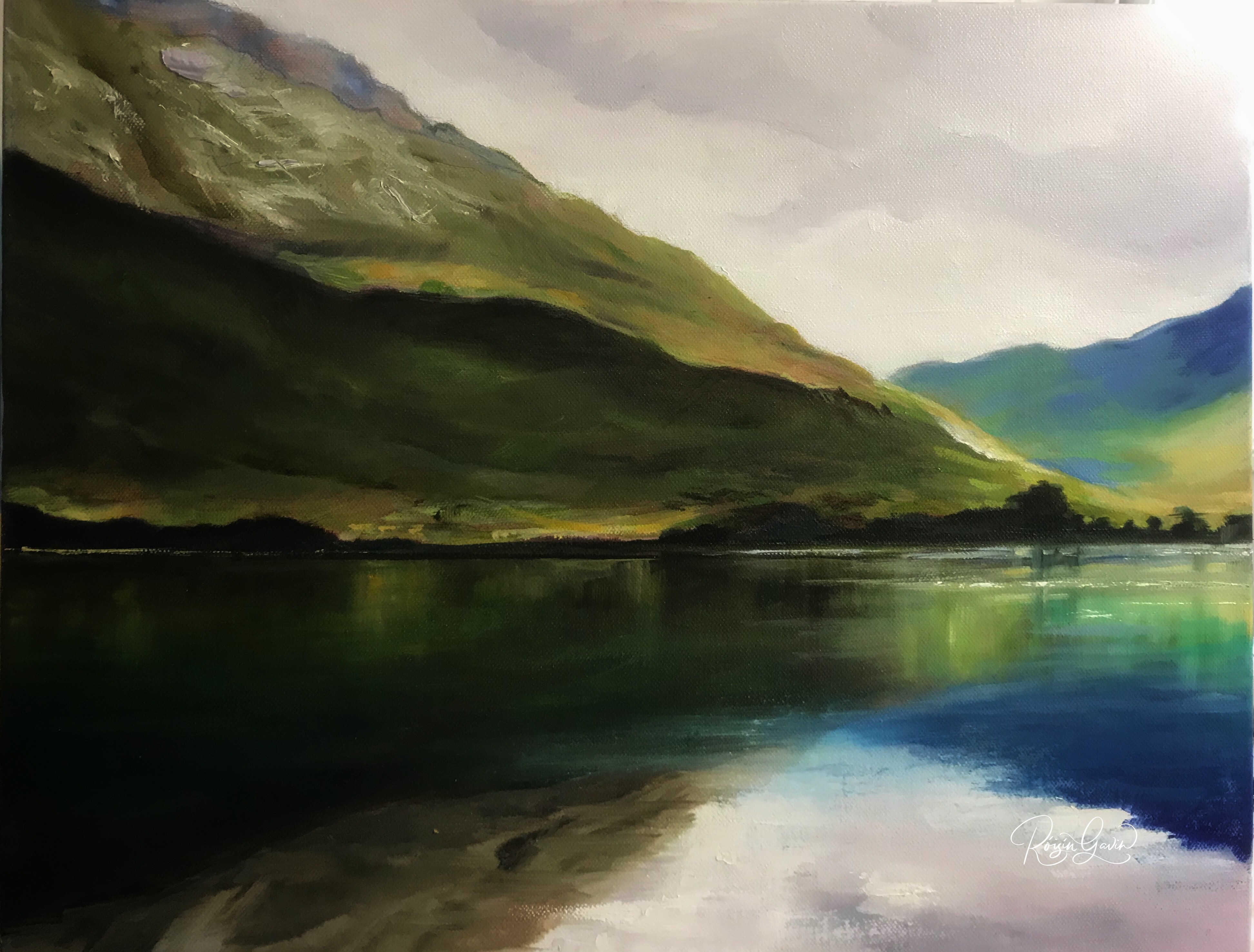 Mountains and reflections in Connemara oilpainting